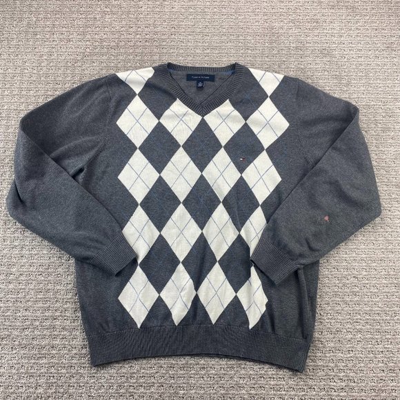 Tommy Hilfiger Argyle Sweater Men XL Gray White Diamond Pattern Knit -STAINS - Picture 1 of 8